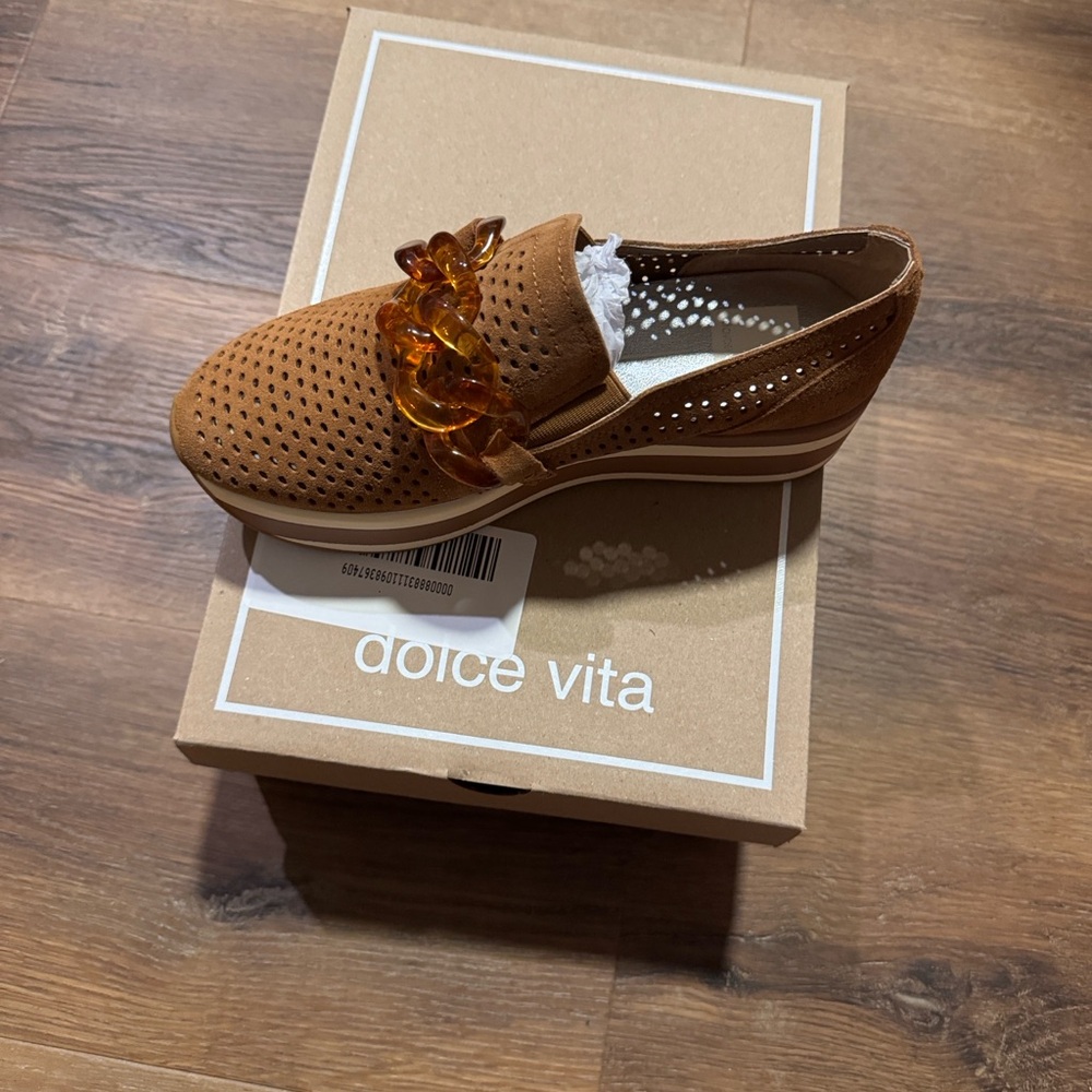 Dolce Vita Tan Perforated Loafers with Chain Accent